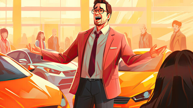 Angry, pushy and aggressive car salesman, in a sales lot of a dealership. Rage