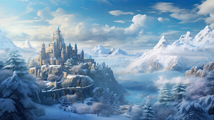 Fantasy snow castle, winter landscape, medieval architecture