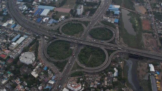Aerial video of Asia's largest cloverleaf flyover bridge located in India.