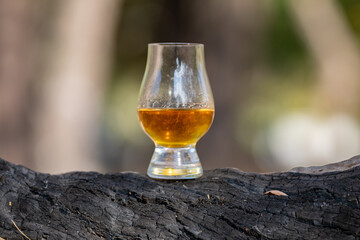 Single malt Scotch whiskey in the Glencairn glass in selective focus.