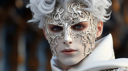 Image of a mysterious man in a beautiful carnival white mask with gold