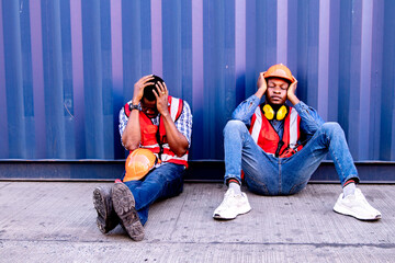 Two African American male workers sit leaning against containers tired frustrated depressed bored...