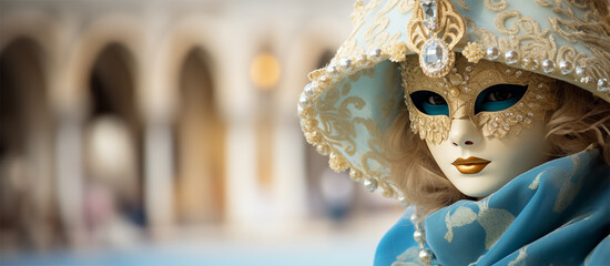 Image of a mysterious woman in a beautiful carnival blue mask with gold  