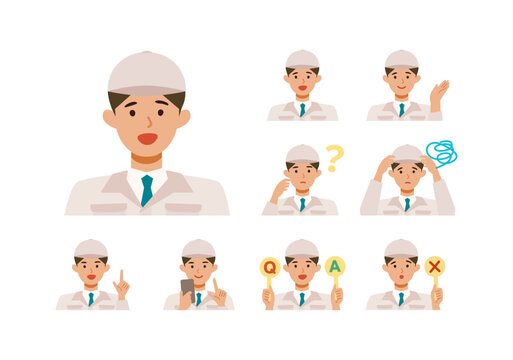 Man wearing factory worker uniform. Factory worker Man cartoon character head collection set. People face profiles avatars and icons. Close up image of smiling man.