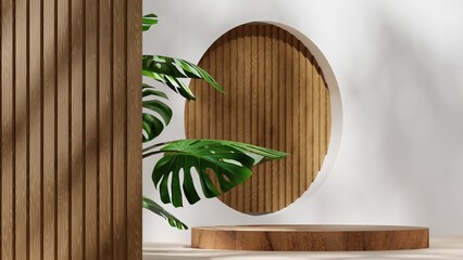 Wooden product podium mockup with nature leaves and natural leaf shadow, empty wood pedestal display, 3d rendering