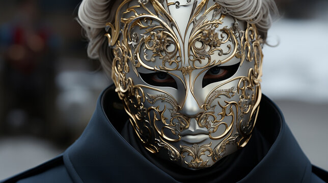 Image of a mysterious man in a beautiful carnival white mask with gold and blue suit 