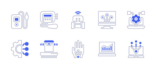 Digital technology icon set. Duotone style line stroke and bold. Vector illustration. Containing music player, digital, armchair, digitalization, engineering, scanner, hand, laptop, simulation.