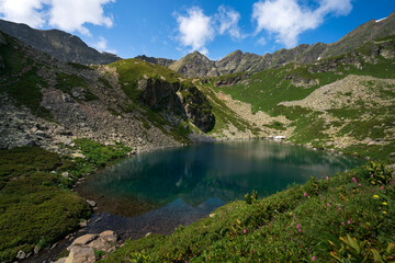 View of the Dukka lake "Rybka" on the Malaya Dukka River on the slopes of the Arkasar ridge in the North Caucasus on a sunny summer day, Arkhyz, Karachay-Cherkessia, Russia © Ula Ulachka