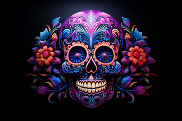 Glowing Day of the Dead Sugar Skull in Blacklight Illumination