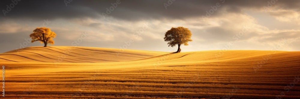 Wall mural farmland after harvest on undulating yellow hills with two trees. ai generation