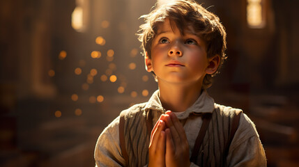 Pictured little boy kneels in prayer in a sunlit church. Ethereal twinkle as a child praying in her innocence in a connection between the earthly and the divine. Faith and hope concept. - obrazy, fototapety, plakaty
