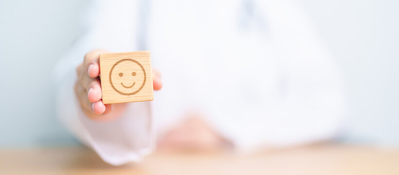 Doctor show Happy smile face block, Mental health Assessment, Psychology, Health Wellness, Positive Feedback, Customer Review, Good Experience, Satisfaction Survey, World Mental Health day concept