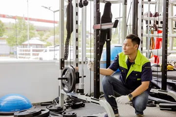 Papier peint Fitness Professional Asian male service worker or fitter checks equipment, maintains and secures fitness equipment in indoor gym, provides safety for users : Skilled technicians repair exercise machines.