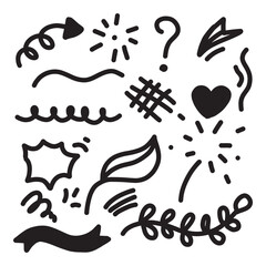 Hand drawn doodle design elements, black on white background. Swishes, swoops, emphasis, Arrow, crown, brush stroke. doodle sketch design elements.
Doodle cute glitter pen line elements. Doodle heart,