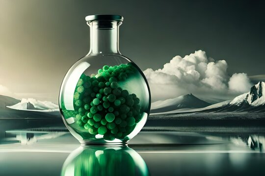 flask with a boiling green chemical placed on a rable - AI Generative