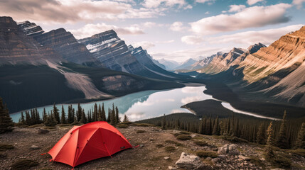 Camping with red tent to the lake and mountains