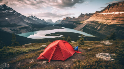 Camping with red tent to the lake and mountains - obrazy, fototapety, plakaty