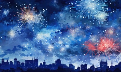 Fototapeta na wymiar fireworks at a new year background, in the style of luminous watercolors, dark sky-blue, shaped canvas, nostalgic charm, vibrant stage backdrops, Generative AI