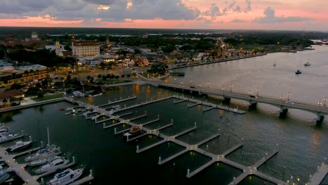 St Augustine FL Lion Bridge to City Sunset Aerial 
