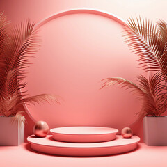 Obraz premium Round red pastel podium and palm leaf, Abstract minimal geometric shapes background, Aesthetic summer dais concept and shadows on the wall, 3D Modern design for product showcase display, AI generated.