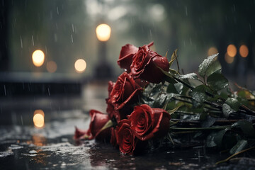 Rain-soaked Serenity: A poignant cemetery scene on a rainy day with delicate flowers and blurred ambiance