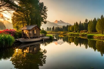 Fototapeta premium a pond with lotas flowers and a wooden boat and lamps - AI Generative