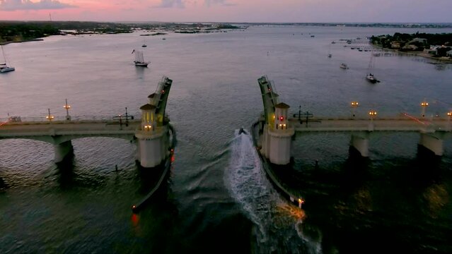 St Augustine FL Lion Bridge Open Sunset fly Over Aerial 