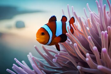 Naklejka na ściany i meble an Ocellaris Clownfish with a coral reef, an under water world - AI Generative