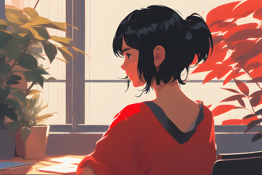 A woman with black hair, almost touching her shoulders, is wearing a red top, golden ratio, fake detail, trending pixiv fanbox. Generative AI