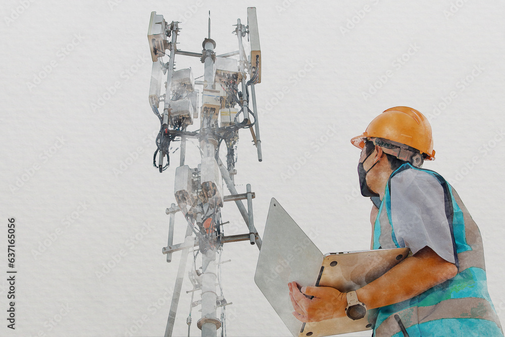 Canvas Prints illustration watercolor paper painting helmeted asian male engineer works field with telecommunicati - Canvas Prints