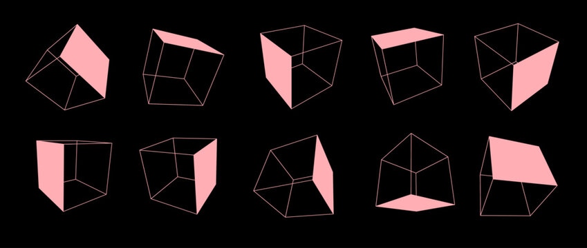 Pink wireframe cube collection. Outline cubic shapes in different angle, perspective and position. Geometric square elements for design template, icon, logo. Abstract boxes vector illustration