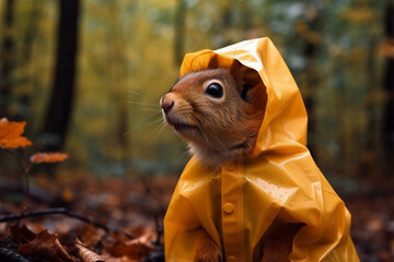 a cute squirrel wearing a raincoat
