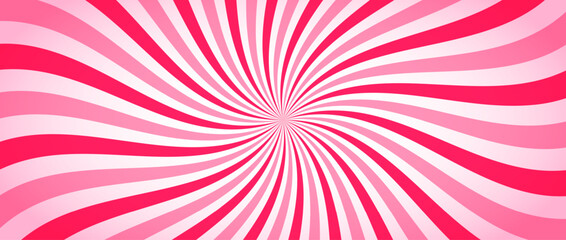 Naklejka premium Candy color sunburst background. Abstract pink sunbeams design wallpaper. Colorful spinning lines for template, banner, poster. Sweet cartoon swirl. Vector backdrop 