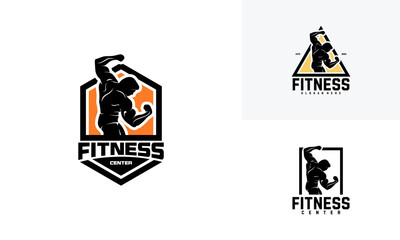 Set of Fitness logo badge with muscle man, Gymnastic logo template vector, Body Build logo badge