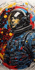 Obraz premium Abstract Space Poster with Lino Cut Astronaut Drawing Vintage-Inspired Graphic Art. AI Generative