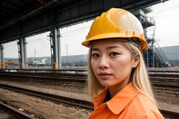 Female industry maintenance engineer in uniform and safety hard hat at factory station, construction and industry