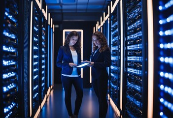 Young women check server operation and automation in a data storage room with tablet