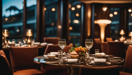 Luxury travel concept featuring fine dining in an exclusive fancy restaurant with exquisite cuisine and great service - obrazy, fototapety, plakaty