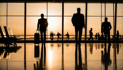Airport sunset with silhouette of man waiting for his flight and anticipating travel journey departure and vacation