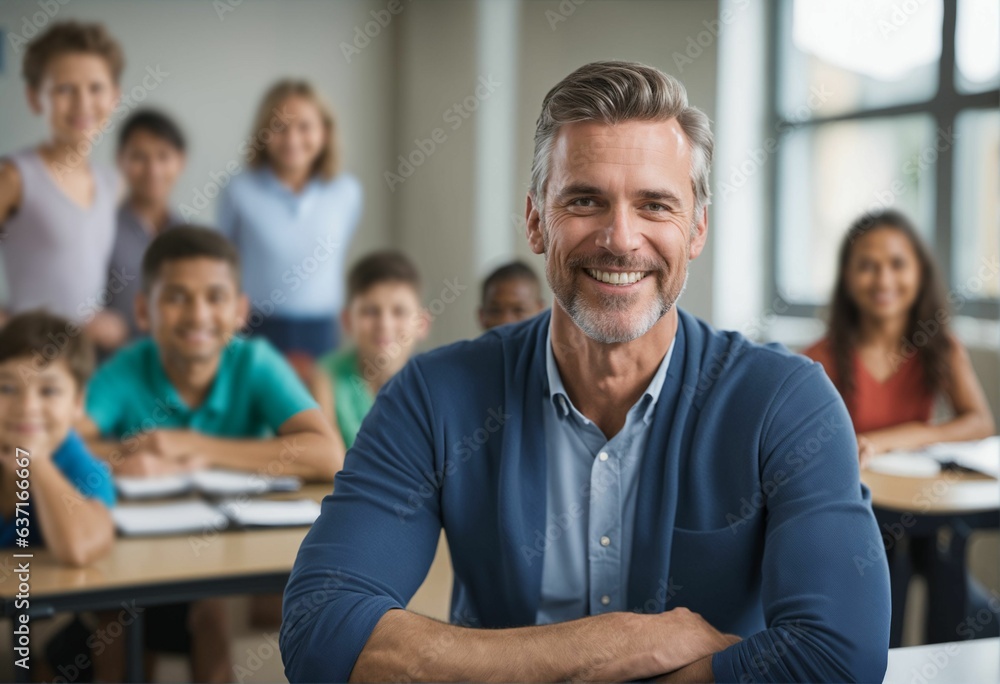 Wall mural Elementary school teacher smiling - male, class of learning students, academic setting