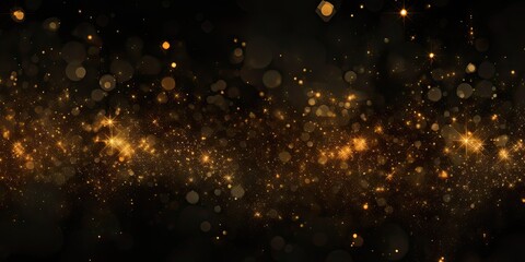 Celestial elegance. Glowing starlight on black. Golden sparkle. Glittering night in cosmos. festive radiance. Magical light and sparkles