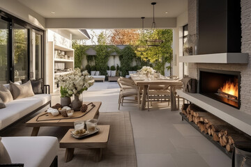 Open plan living room with white kitchen and pantry. Cozy patio with an outdoor fireplace
