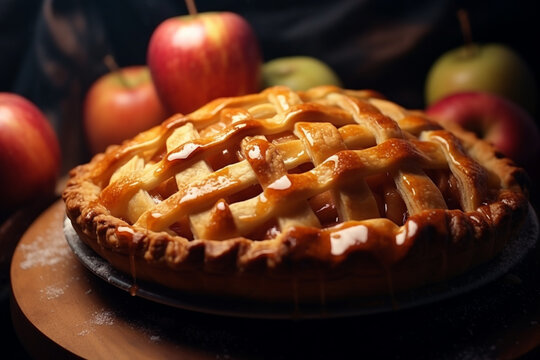 Delicious apple pie on good atmospheric background