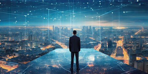 Obraz premium Navigating frontier. Businessman in city. Urban visionary. Building success in digital age. Tech savvy leadership. Pioneering future of business