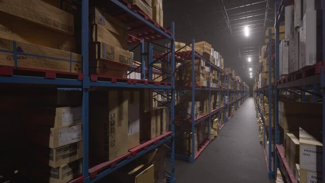 Close up on merchandise boxes stored in warehouse. Lights turn on inside dark storage revealing packages.
