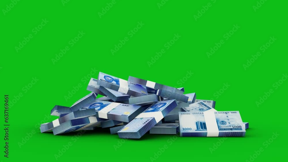 Poster 3d rendering of stacks of 1000 nigerian naira notes falling on green screen floor. you can key out o
