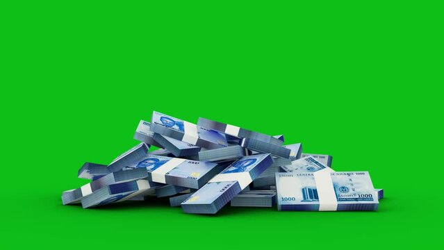 3d rendering of stacks of 1000 Nigerian naira notes falling on green screen floor. You can Key out or remove background to replace with a custom one