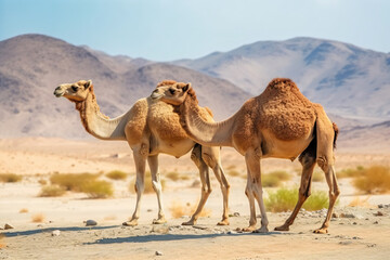 two camels standing in the desert with mountains in the background
