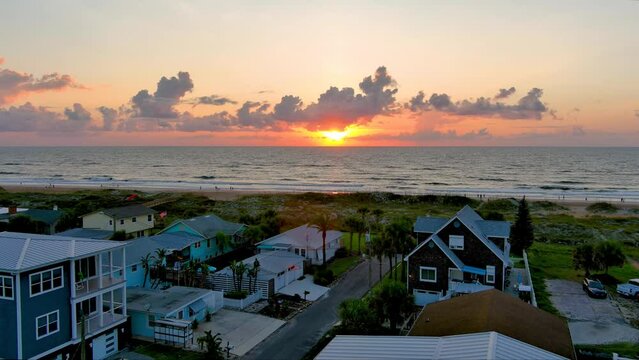 St Augustine FL Beach Sunrise Aerial Pan to Coast