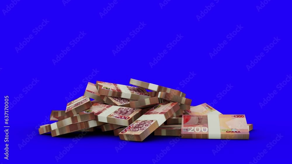 Poster 3d animation of stacks of 200 ghanaian cedi notes falling on blue screen floor. you can key out or r